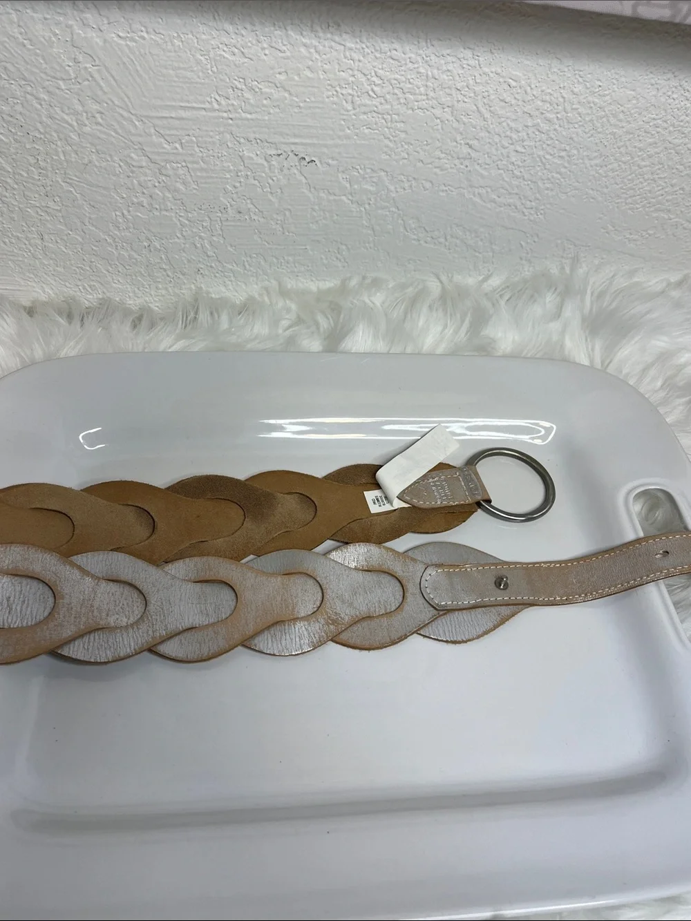 Leather Braided Distressed Metallic Silver Waist Belt with Silver Ring